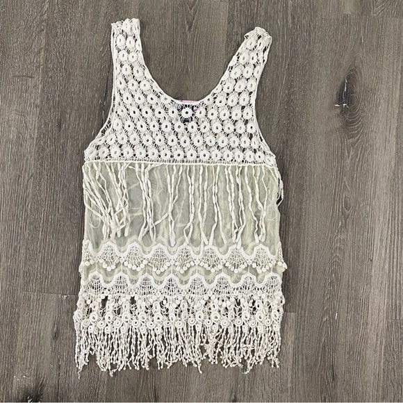 SAY WHAT? Floral Boho Crochet Lace Fringe Sheer Sleeveless Tank Size Large y2k - Picture 4 of 5